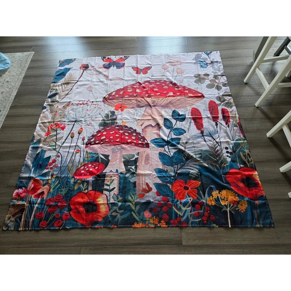 Mushroom Forest Shower Curtain Red Amanita Botanical Butterfly Nature Decor